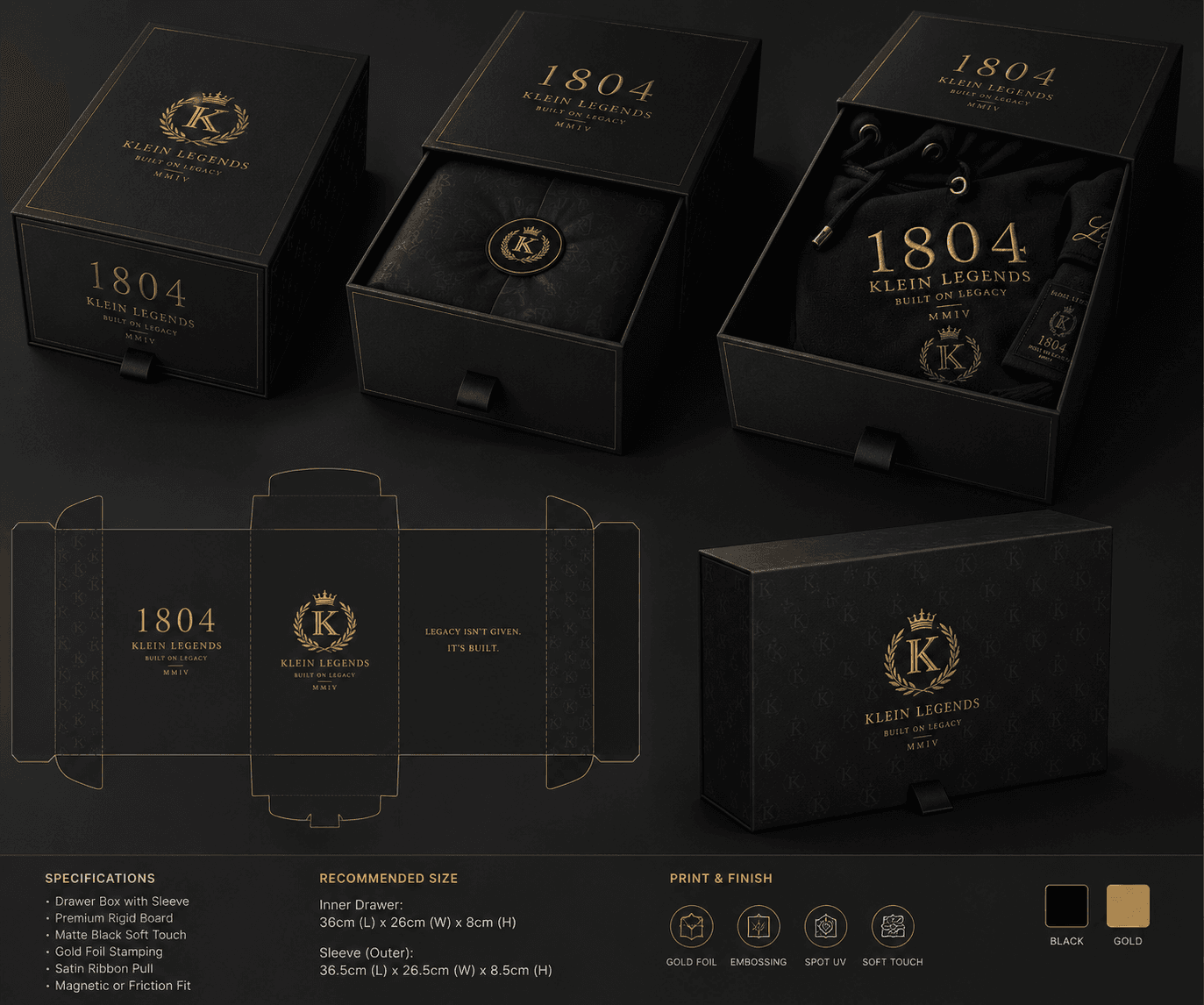 The Klein Legends collector box shown closed, opened, and presented with a garment